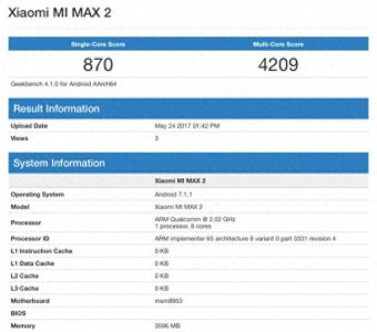 ​小米Max 2跑分现身Geekbench 配置曝光